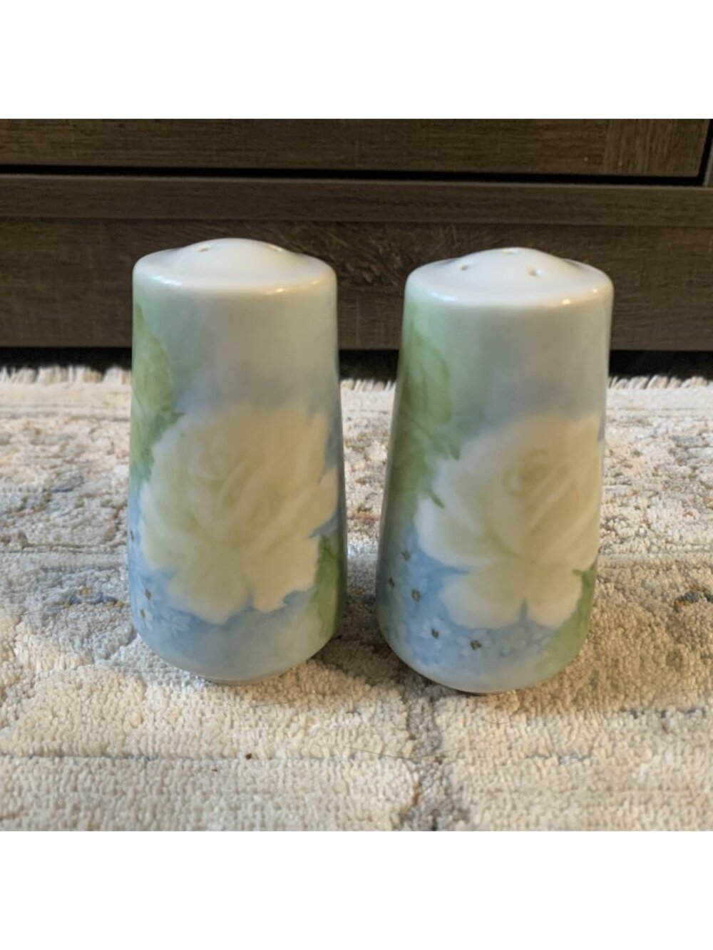 Vintage Floral Salt & Pepper Shakers Signed Blue Green Rose 3.5" Ceramic Pair